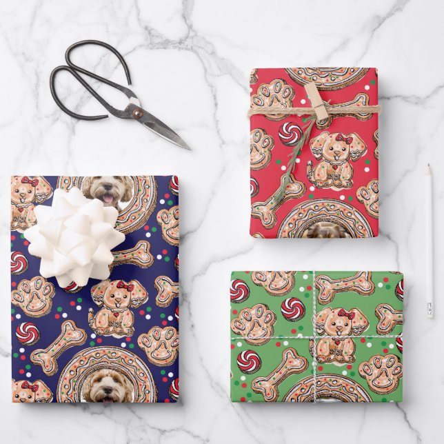 Custom Pet Dog Photos & Gingerbread Cookie Holiday Wrapping Paper Sheet (Front)