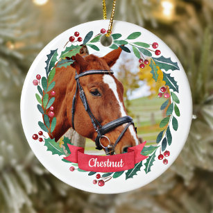 Custom Pet Horse Photo Watercolor Wreath Christmas Ceramic Ornament