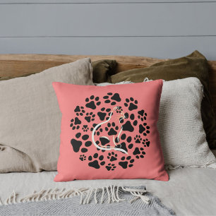 Custom Pet Lover Cat Black Paw Pattern On Salmon Cushion