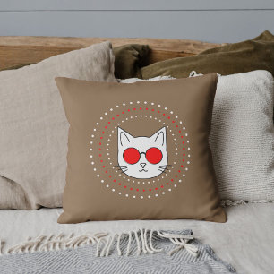 Custom Pet Lover Mascot Cat Red White Dot On Brown Cushion