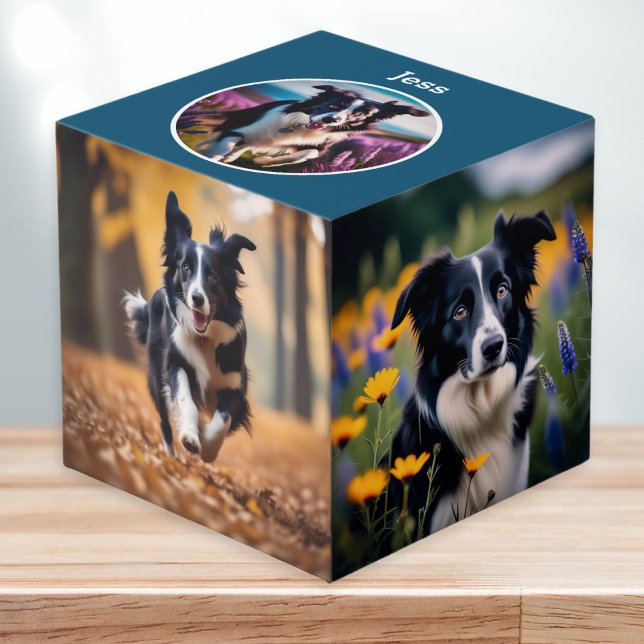 Custom Pet Lover Personalised Dog Multi Photo Blue Cube (A stylish photo cube to personalize with your dog's photos and name)