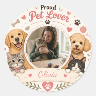 Custom Pet Lover Round Photo Sticker with Name