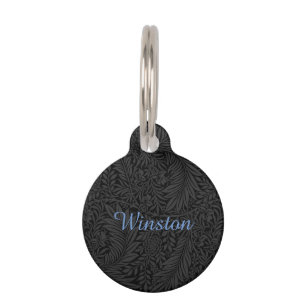 Custom Pet Name Black Botanical Blue Script Tag