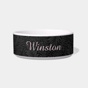 Custom Pet Name Black Botanical Blush Pink Script Bowl