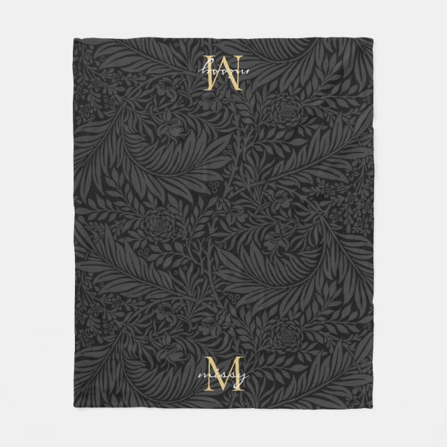 Custom Pet Name Black Botanical Gold Script Fleece Blanket (Front)