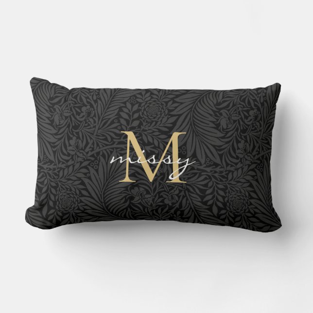 Custom Pet Name Black Botanical Gold Script Lumbar Cushion (Front)