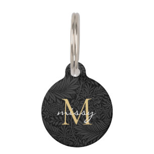 Custom Pet Name Black Botanical Gold Script Tag