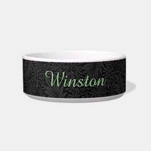 Custom Pet Name Black Botanical Green Script Bowl