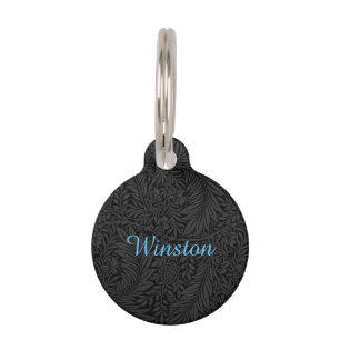 Custom Pet Name Black Botanical Sky Blue Script Tag