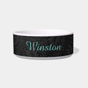 Custom Pet Name Black Botanical Teal Script Bowl