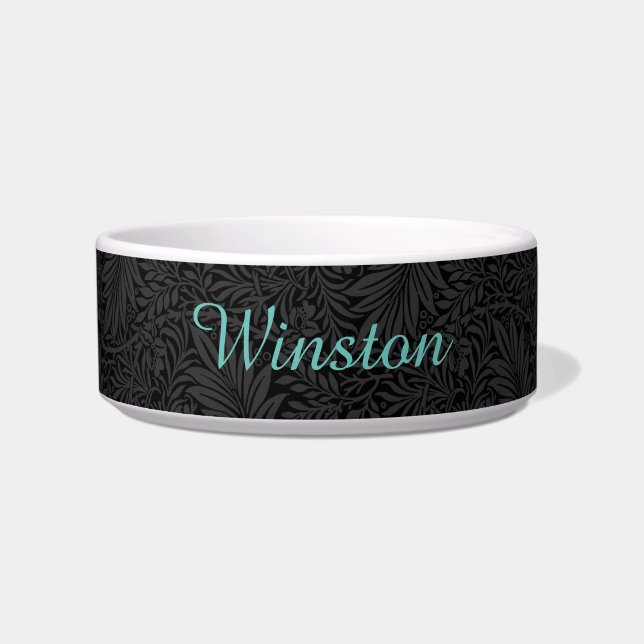 Custom Pet Name Black Botanical Teal Script Bowl (Front)