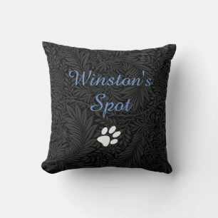 Custom Pet Name Black Floral Blue Script Cushion