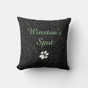 Custom Pet Name Black Floral Green Script Cushion