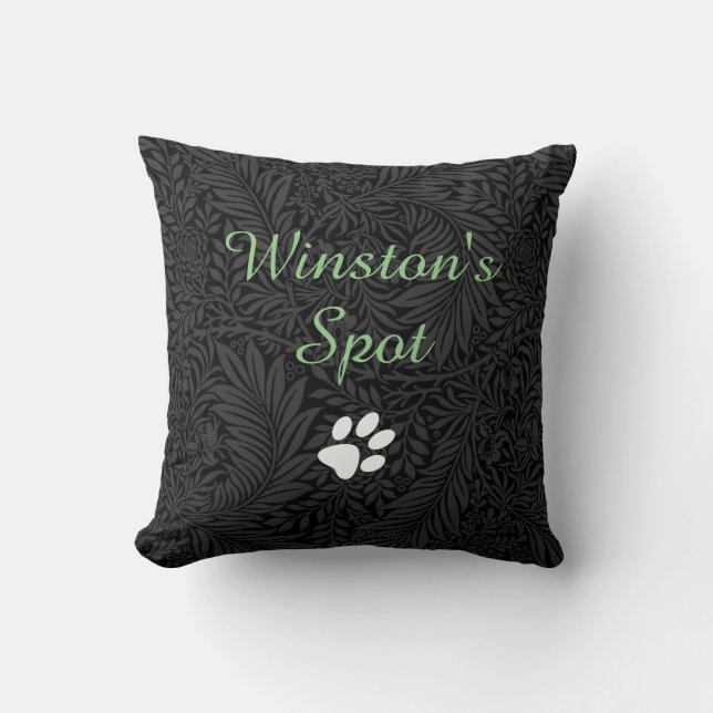 Custom Pet Name Black Floral Green Script Cushion (Front)