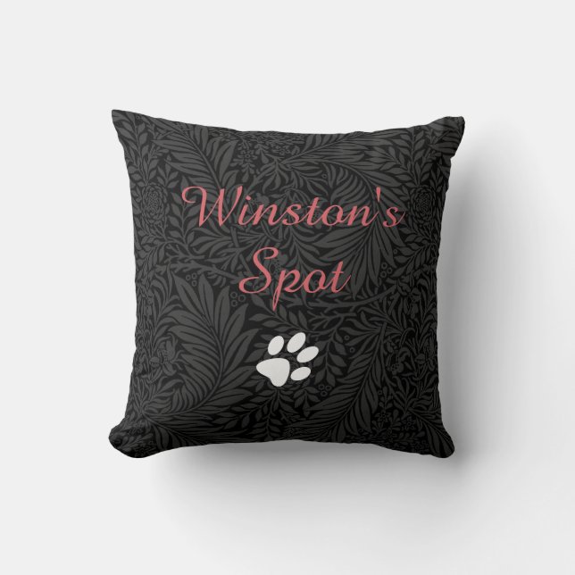 Custom Pet Name Black Floral Red Script  Cushion (Front)