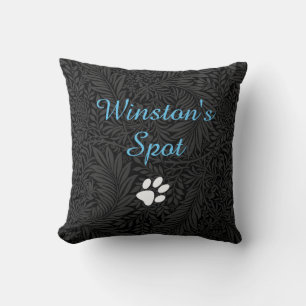 Custom Pet Name Black Floral Sky Blue Script Cushion
