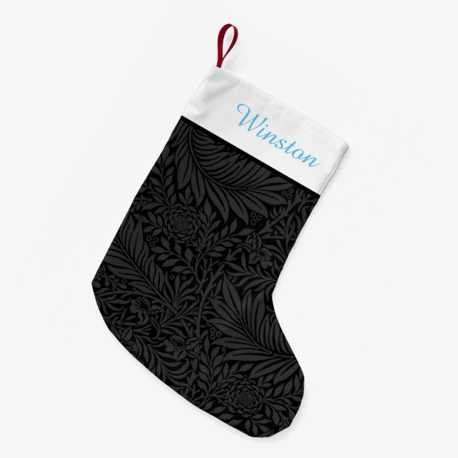 Custom Pet Name Black Floral Sky Blue Script  Small Christmas Stocking (Front (Hanging))