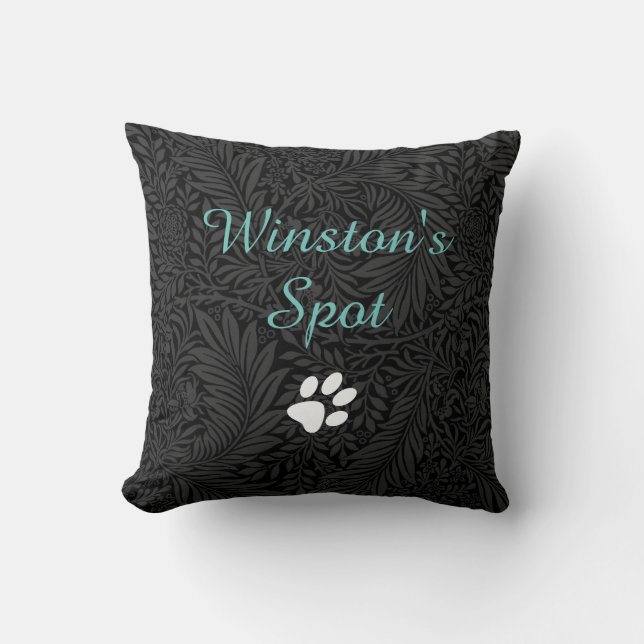 Custom Pet Name Black Floral Teal Script Cushion (Front)