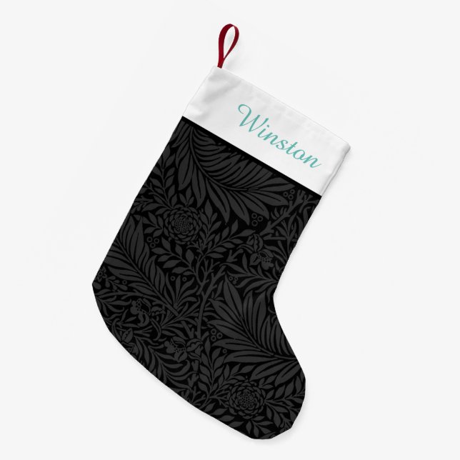 Custom Pet Name Black Floral Teal Script  Small Christmas Stocking (Front (Hanging))