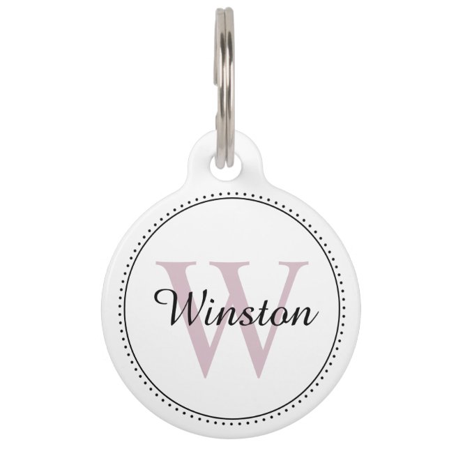 Custom Pet Name Blush Pink White Monogram Tag (Front)