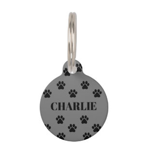 Custom Pet Name Dog Cat Paw Print Black Tag