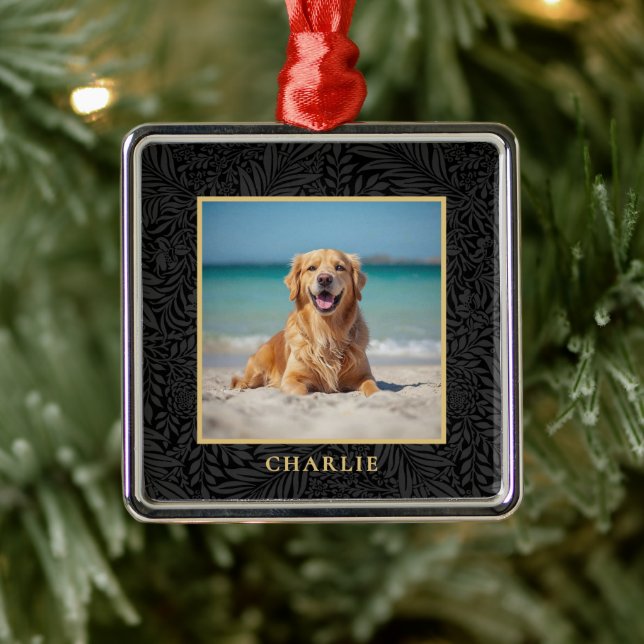 Custom Pet Name Photo Botanical Holiday Metal Ornament (Tree)
