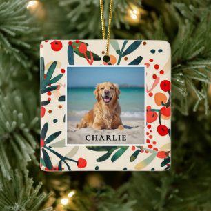 Custom Pet Name Photo Holly Berries Holiday Ceramic Ornament