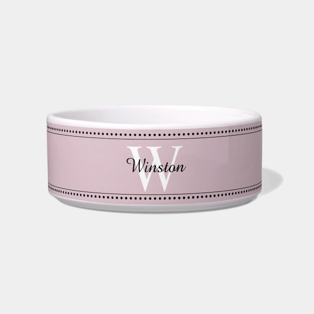 Custom Pet Name Pink White Monogram Bowl (Front)