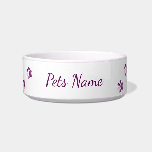 Custom Pet Name Purple Paw Print Pet Bowl (Front)