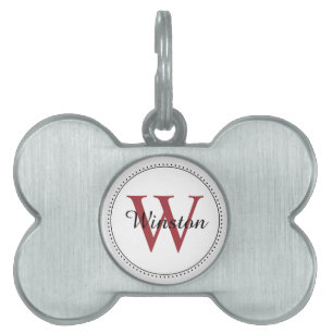 Custom Pet Name Red Monogram White ID Tag