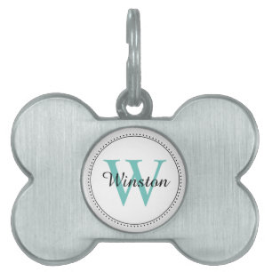 Custom Pet Name Teal Monogram White ID Tag