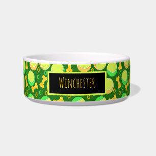 Custom Pet Name Tennis Balls Dog Bones Over Black Bowl
