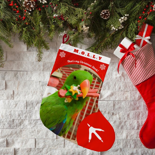 Custom Pet Parrot Photo Holiday Red Personalized  Large Christmas Stocking (Creator Uploaded)