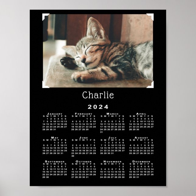 Custom Pet Photo and Name 2024 Calendar Black Poster (Front)
