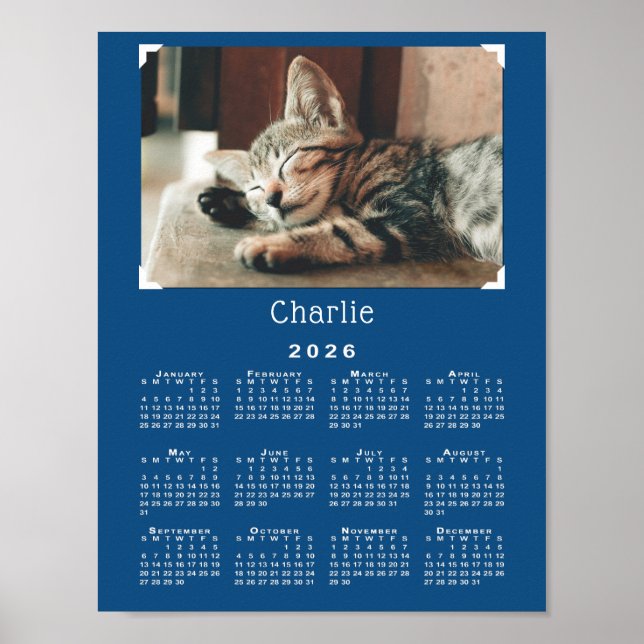 Custom Pet Photo and Name 2026 Calendar Blue Poster (Front)