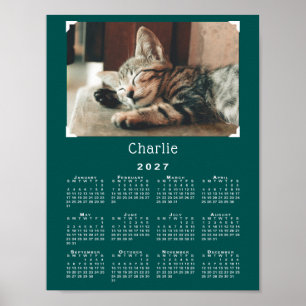 Custom Pet Photo and Name 2027 Calendar Teal Green Poster