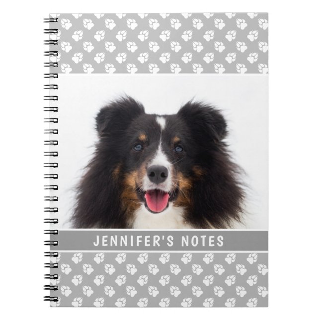 Custom Pet Photo And Paws On Grey & Custom Title Notebook (Front)