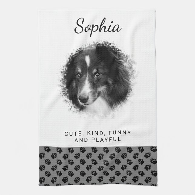 Custom Pet Photo & Black Paws On Grey & Your Text Tea Towel (Vertical)