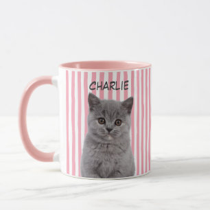 Custom Pet Photo Cat Dog Owner Pink Stripe Mug