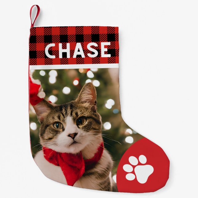 Custom Pet photo christmas cute cats rustic paw  Small Christmas Stocking (Front)