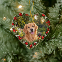 Custom Pet Photo Christmas Holly Wreath Ceramic Ornament