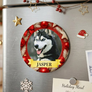 Custom Pet Photo Christmas Red Gold Festive Frame Magnet