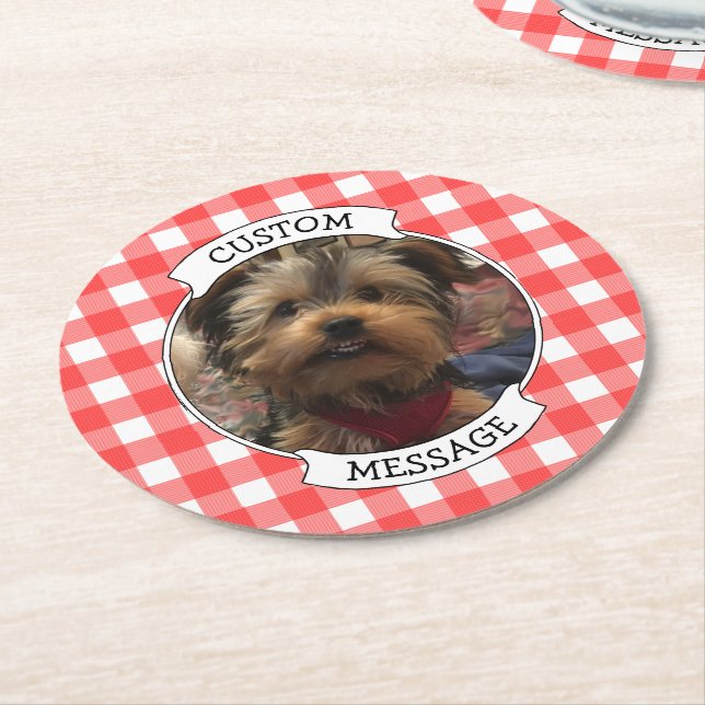 Custom Pet Photo Country Red Buffalo Check Plaid Round Paper Coaster (Angled)