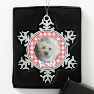 Custom Pet Photo Country Red Buffalo Check Plaid Snowflake Pewter Christmas Ornament