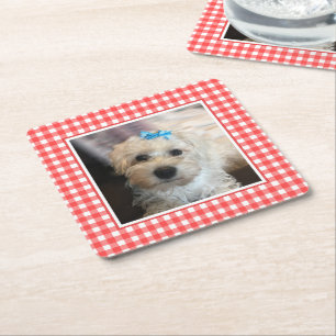 Custom Pet Photo Country Red Buffalo Check Plaid Square Paper Coaster