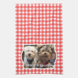 Custom Pet Photo Country Red Buffalo Check Plaid Tea Towel