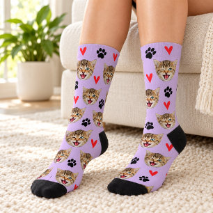 Custom Pet Photo Dog Cat With Hearts & Paws Socks