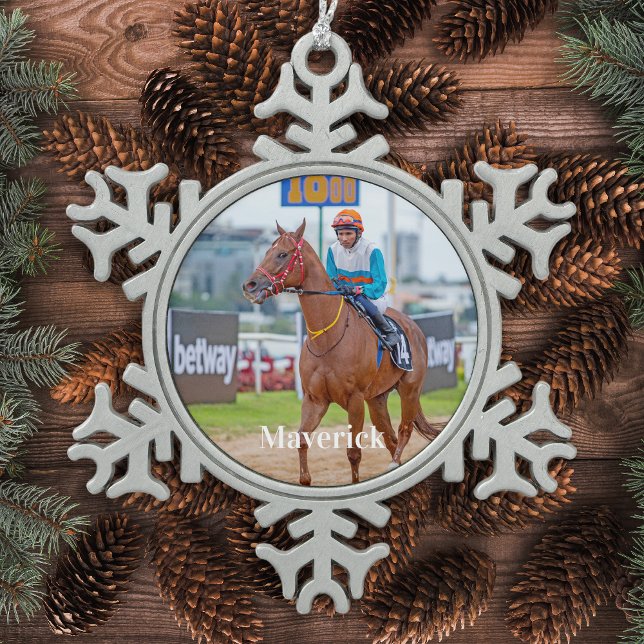 Custom Pet Photo Equestrian Horse Lover  Snowflake Pewter Christmas Ornament (Creator Uploaded)