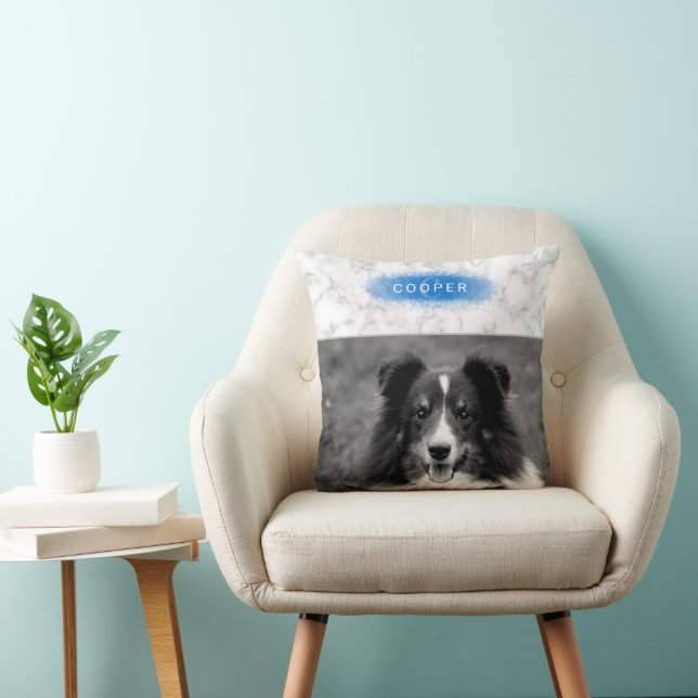 Custom Pet Photo & Faux Marble Texture With Blue Cushion (Chair)