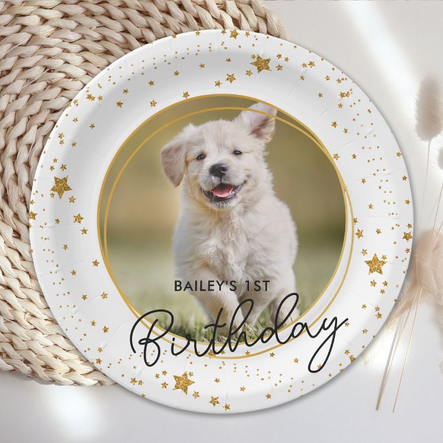 Custom Pet Photo Gold Glitter Stars Dog Birthday Paper Plate (Creator Uploaded)